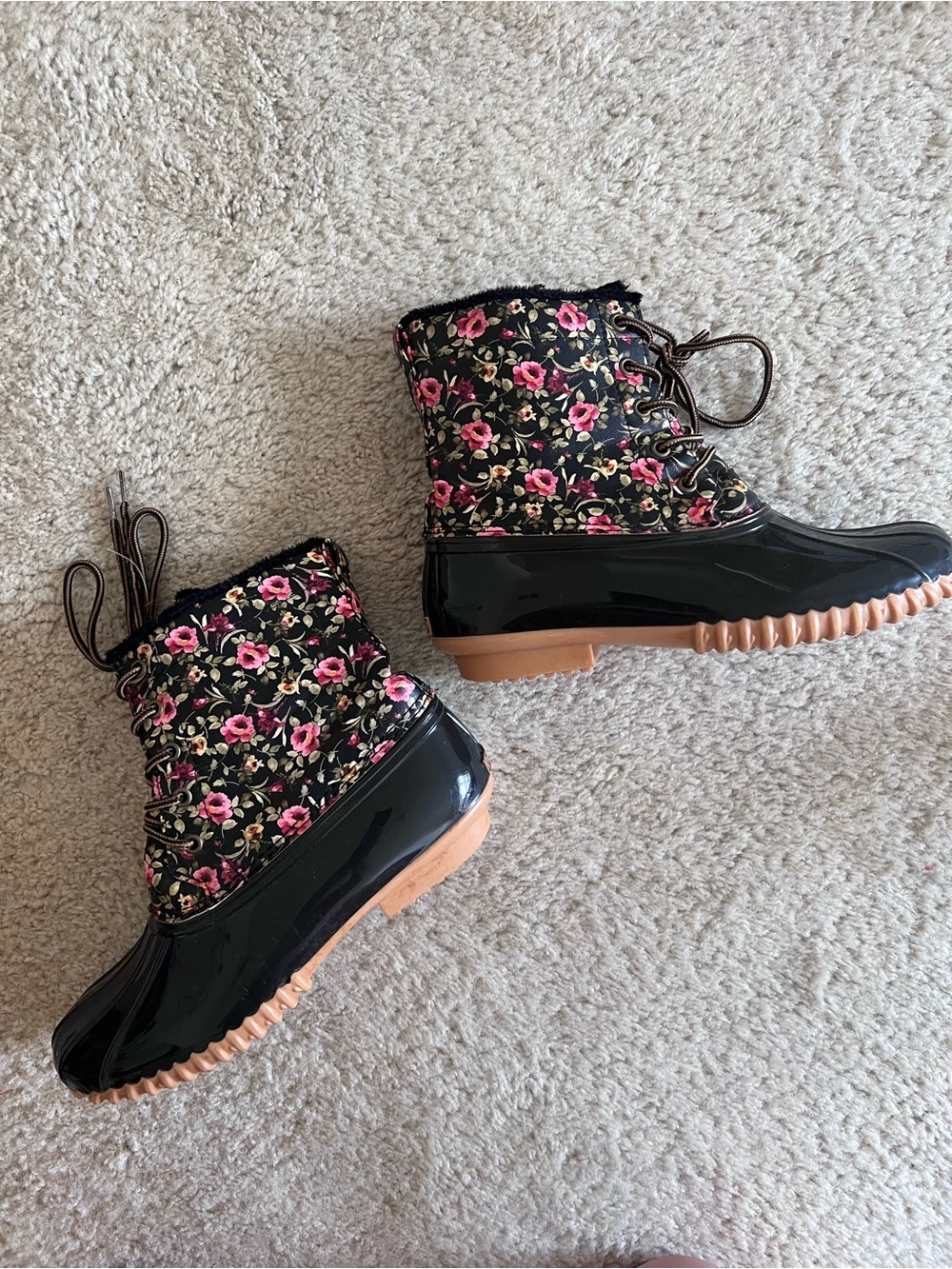Sporto Brown Rubber with Pink Floral Lace-Up Rain & Snow Boots Women 9 GUC